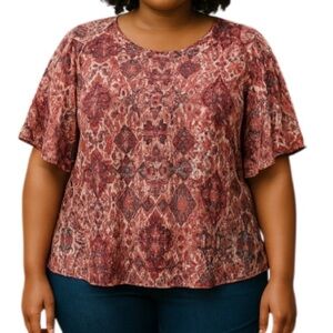 Dress Barn Semi Sheer Printed Top Blouse Flutter Sleeve Red Pink Navy White 2X